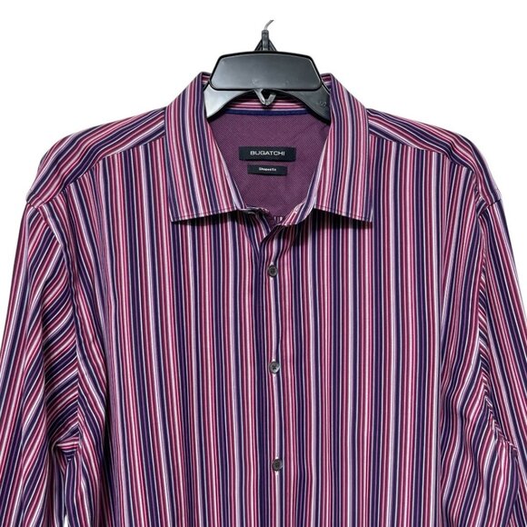 Bugatchi Mens Striped Button-Up Shirt‎ In Shaped Fit Purple/Red XL - Picture 1 of 11